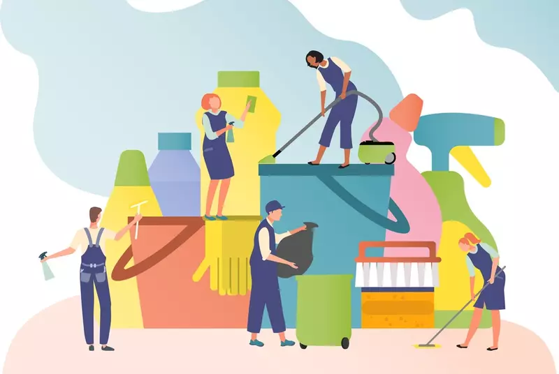 illustration of housekeeping staff and cleaning products