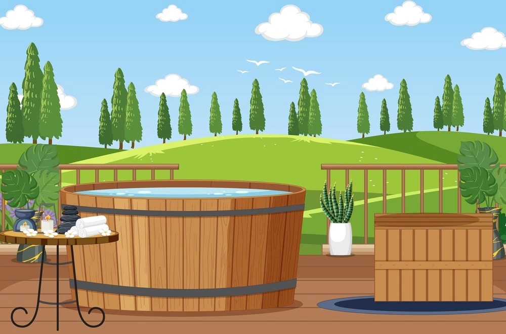 hot tub and spa set up on deck with scenic view