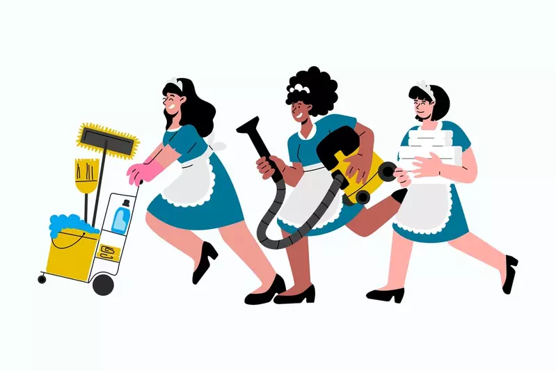 three housekeepers carrying cleaning supplies